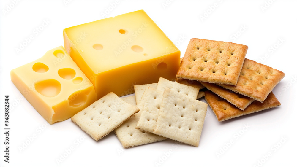 Cracker and cheese on white background