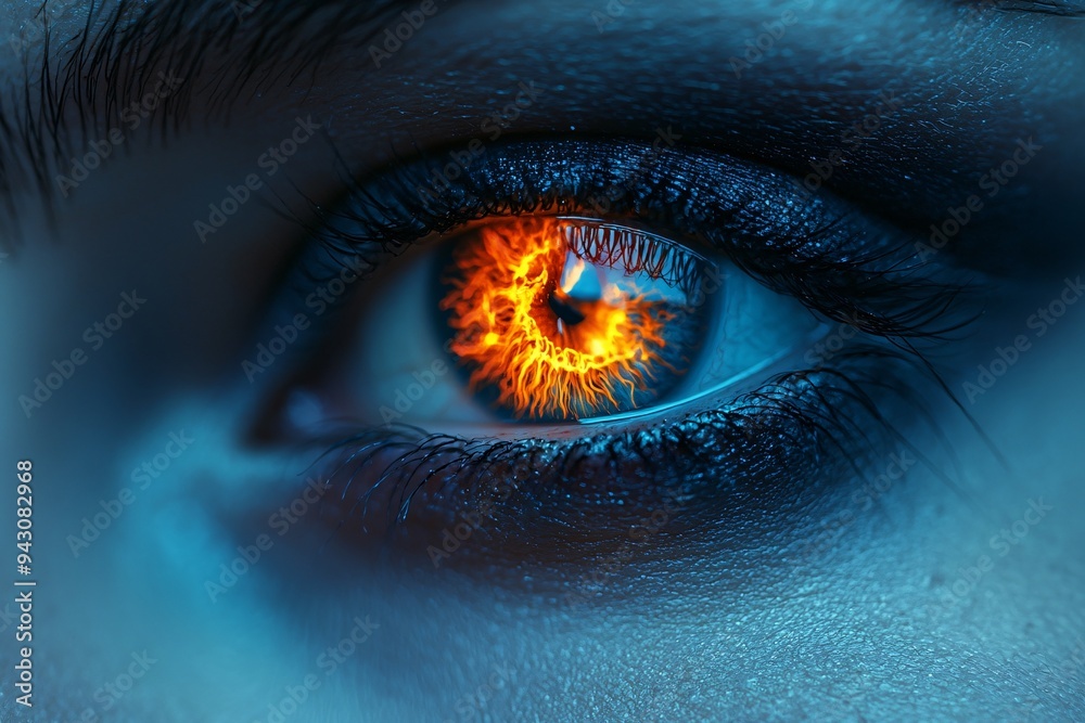 Halloween close-up of a stunning eye with a fiery iris, perfect for spooky designs or Halloween promotions, with copy space. Halloween close-up of a stunning eye with a fiery iris, perfect for spooky designs or Halloween promotions, with copy space.
