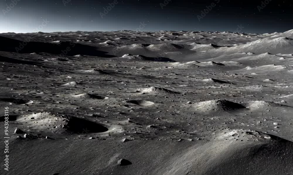 A video showcasing the barren, cratered surface of the Moon under a ...