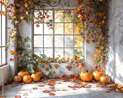 Halloween autumn backdrop featuring pumpkins and fall leaves, perfect for seasonal celebrations and event design, with copy space.