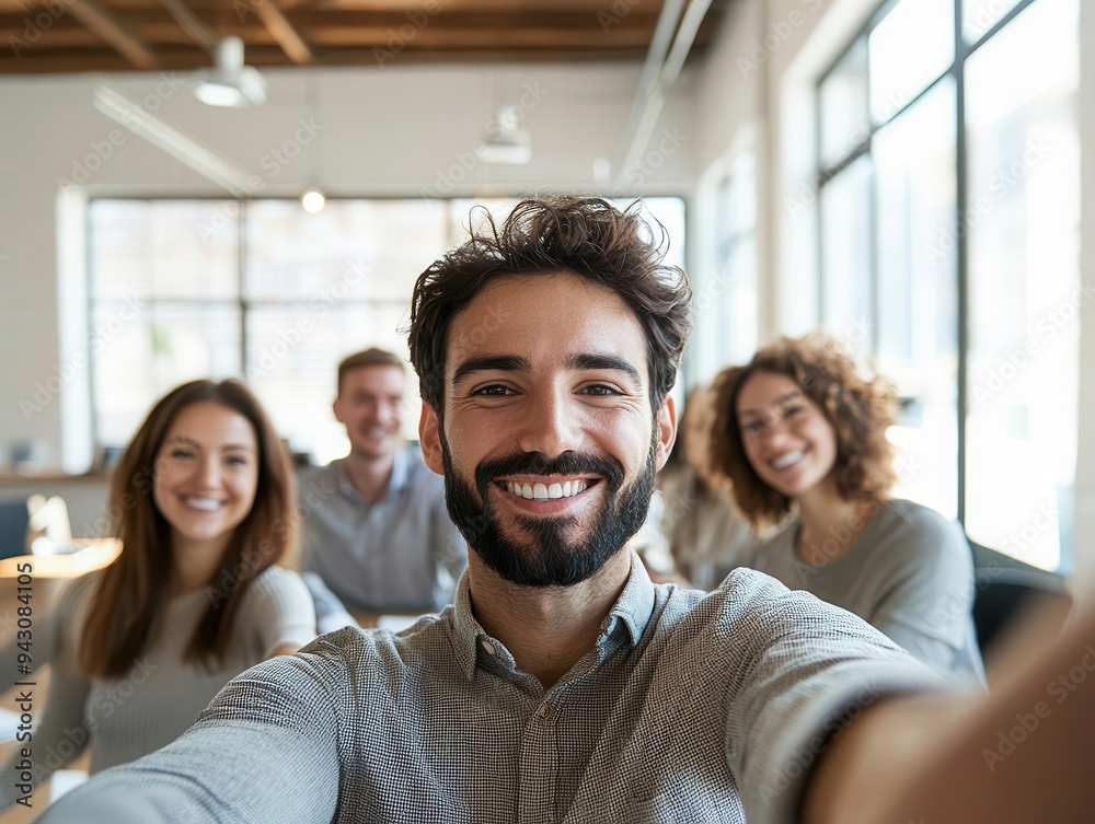 Colleagues taking a selfie in an office meeting room with large windows, natural light, corporate meeting, professional teamwork Colleagues taking a selfie in an office meeting room with large windows, natural light, corporate meeting, professional teamwork
