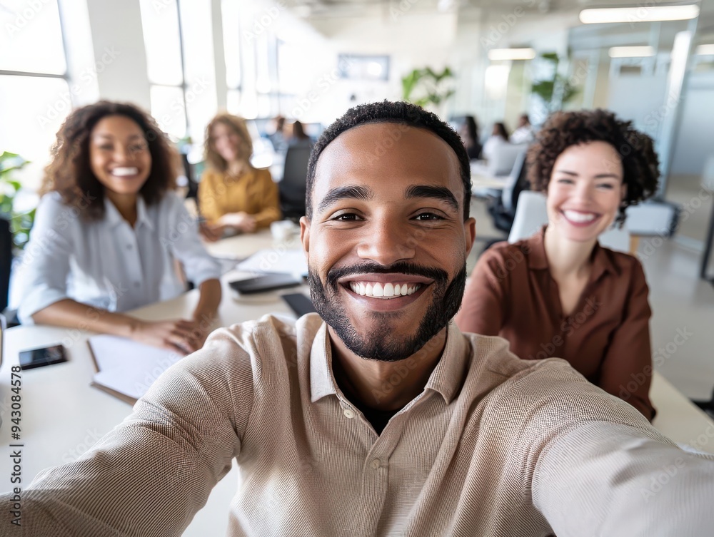Smiling colleagues taking a selfie at their desks, personalized workspaces, positive office environment, teamwork concept Smiling colleagues taking a selfie at their desks, personalized workspaces, positive office environment, teamwork concept