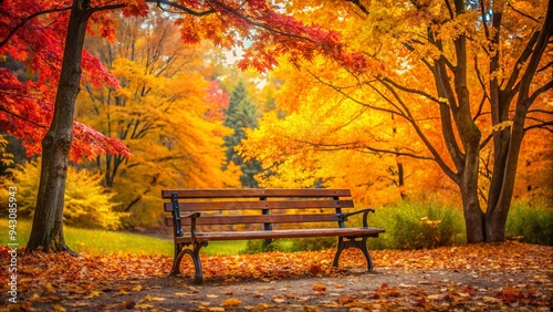 Rustic wooden bench in a tranquil autumn setting surrounded by vibrant foliage and golden trees