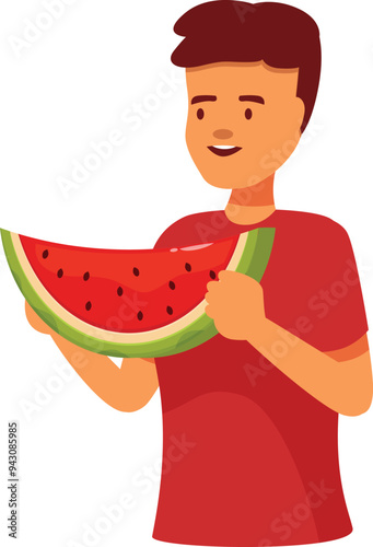 Young boy is happily eating a slice of watermelon, enjoying a refreshing summer treat