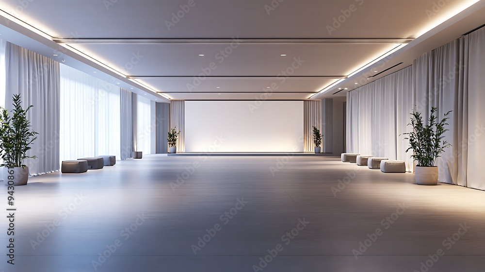 Luxurious Empty Event Space with Expansive Layout, Modern Minimalist Decor, and Serene Lighting Accents Luxurious Empty Event Space with Expansive Layout, Modern Minimalist Decor, and Serene Lighting Accents