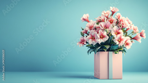 A bouquet of pink flowers in a pink gift box tied with a ribbon, against a light blue background.