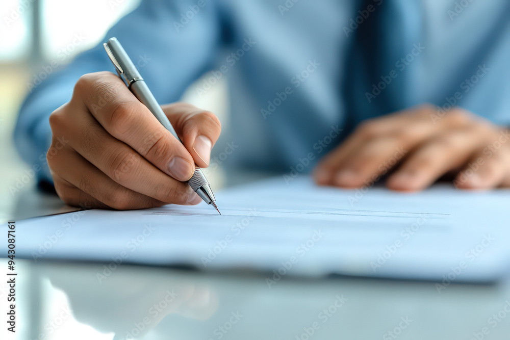 A businessman is signing a contract on his desk, a close-up of his hands with a pen and paper. A businessman is signing a contract on his desk, a close-up of his hands with a pen and paper.