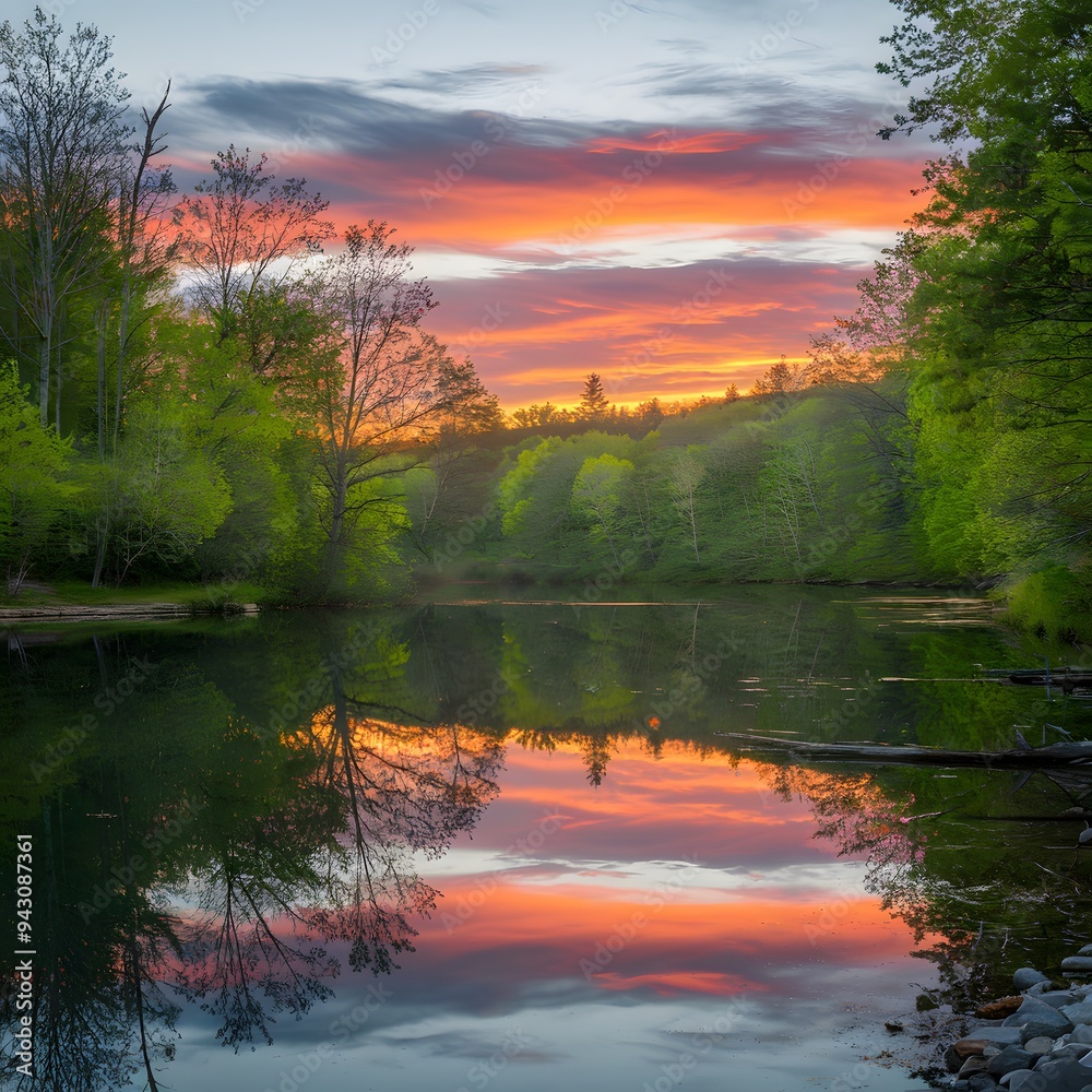 Obraz premium Sunset Serenity: Reflections on the Calm River