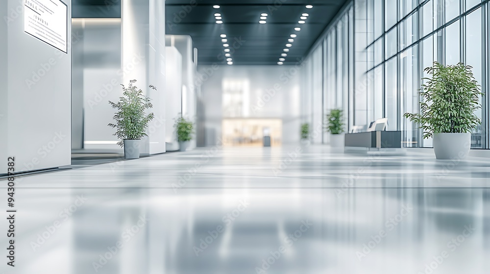 Elegant Minimalist Exhibition Hall with Sleek Flooring, Clean Architecture, and Blurred Signage Before Event Begins