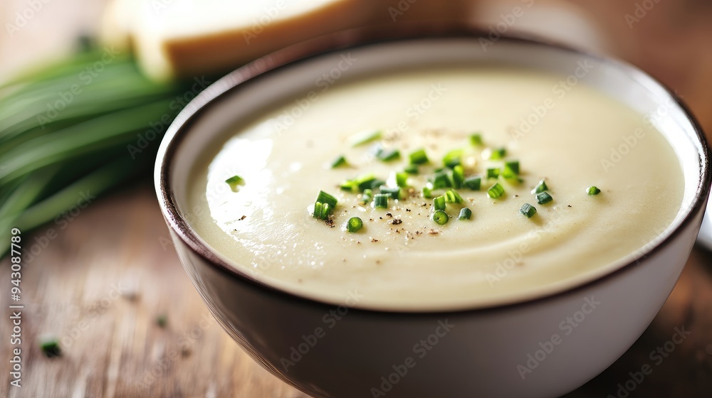 A bowl of creamy French vichyssoise soup with a garnish of chives, with text space above. Great for gourmet food promotions or cozy dinner themes. A bowl of creamy French vichyssoise soup with a garnish of chives, with text space above. Great for gourmet food promotions or cozy dinner themes.