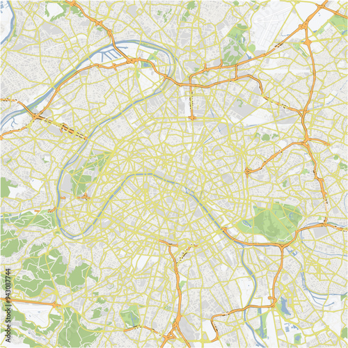 Road map of Paris in France. Contains layered vector with roads water, parks, etc.