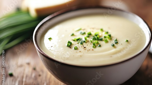 A bowl of creamy French vichyssoise soup with a garnish of chives, with text space above. Great for gourmet food promotions or cozy dinner themes.