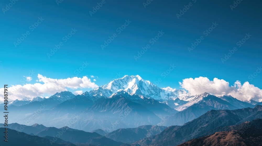 Obraz premium A breathtaking mountain range with snow-capped peaks under a clear blue sky, offering wide space for text. Perfect for outdoor adventure or travel promotions.