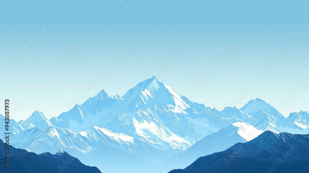 Obraz premium A breathtaking mountain range with snow-capped peaks under a clear blue sky, offering wide space for text. Perfect for outdoor adventure or travel promotions.