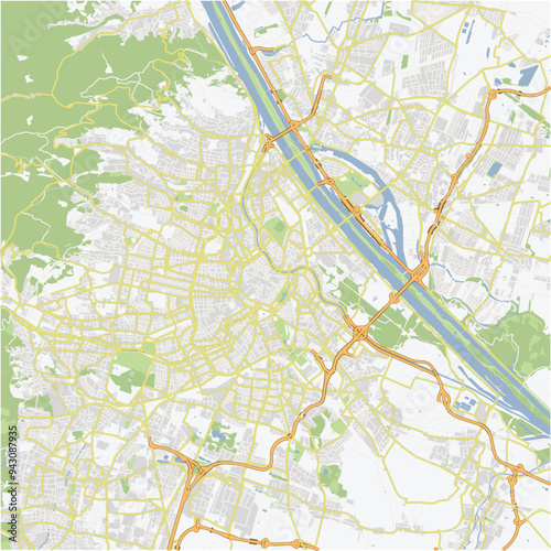 Road map of Vienna in Austria. Contains layered vector with roads water, parks, etc.