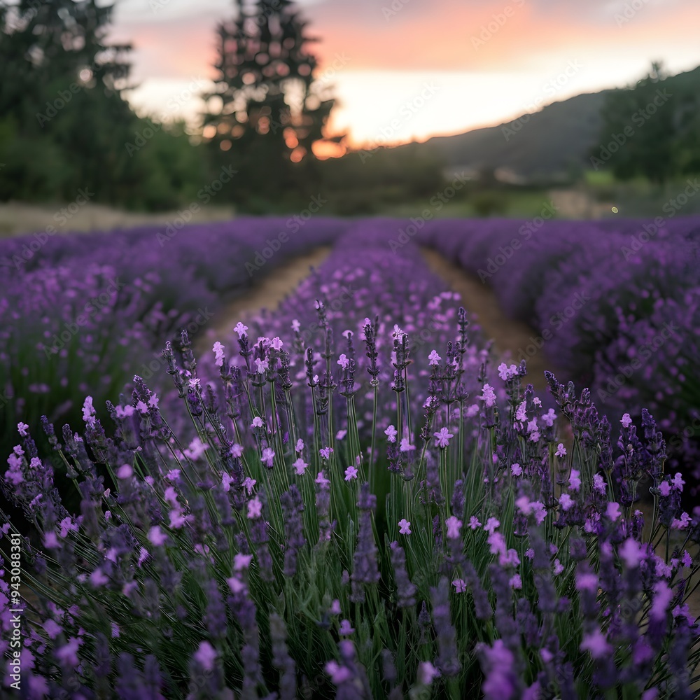 Naklejka premium Lavender Dreams: Sunset Over a Purple Field.