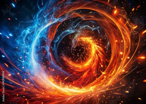 Photo image of swirling embers of red and blue fire crackling together in a vortex of intense heat, sparks flying everywhere photo