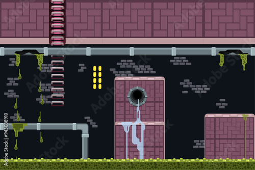 2d platform game side view adventure with style rounded block in sewer underground waste Level eight. water pipe waste
