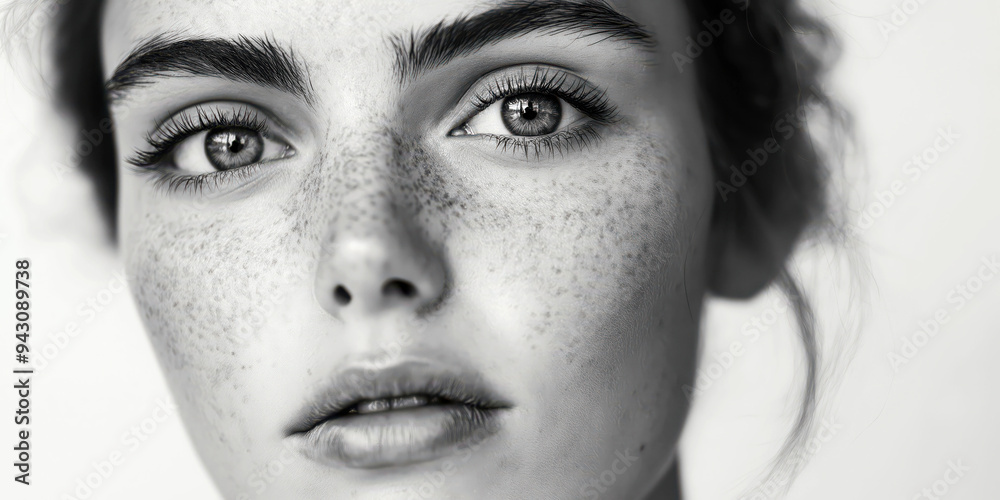 Obraz premium Close-Up Black and White Portrait of Woman with Freckles and Intense Eyes