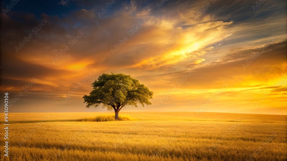 A solitary tree standing tall in a golden field with a yellow sky backdrop A solitary tree standing tall in a golden field with a yellow sky backdrop