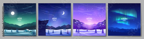 Winter mountain posters. A country house in a valley, the moon over the mountains, snowdrifts, night sky with aurora borealis. Nocturne. Design for poster, background, invitation, cover.