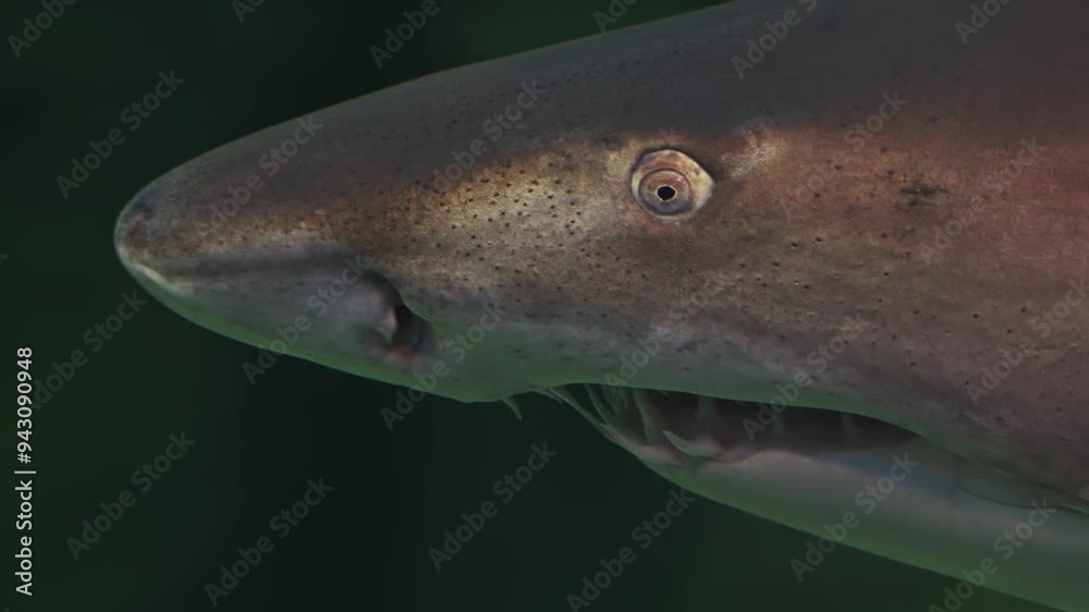 Right Ragged Shark Sand tiger shark Carcharias taurus closeup head with sharp teeth, gray ...