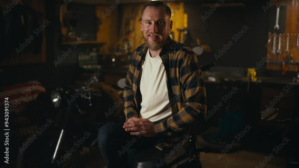 Portrait of a happy blond biker with a beard in a checkered shirt smiling and posing on his bike in a workshop garage Portrait of a happy blond biker with a beard in a checkered shirt smiling and posing on his bike in a workshop garage