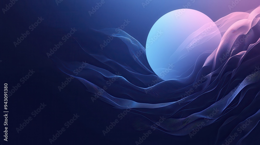 Fotografie Abstract digital landscape with glowing sphere and flowing waves