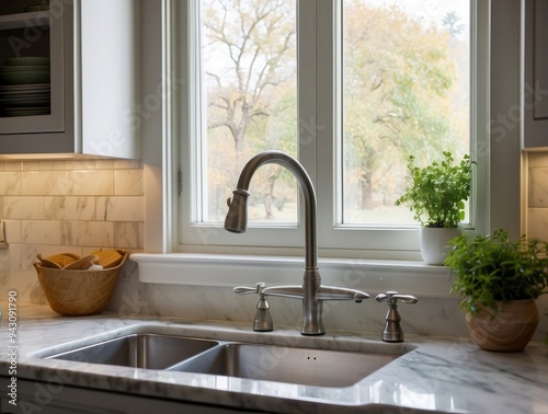 Kitchen Sink with Modern Faucet and Window View photo