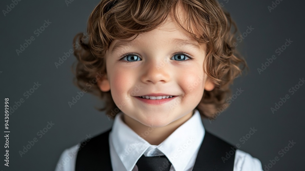 A photo of an attractive young boy with brown hair, blue eyes and wearing white shirt black tie and vest on isolated background. He is smiling at the camera and has short curly brown wavy hairstyle. A photo of an attractive young boy with brown hair, blue eyes and wearing white shirt black tie and vest on isolated background. He is smiling at the camera and has short curly brown wavy hairstyle.
