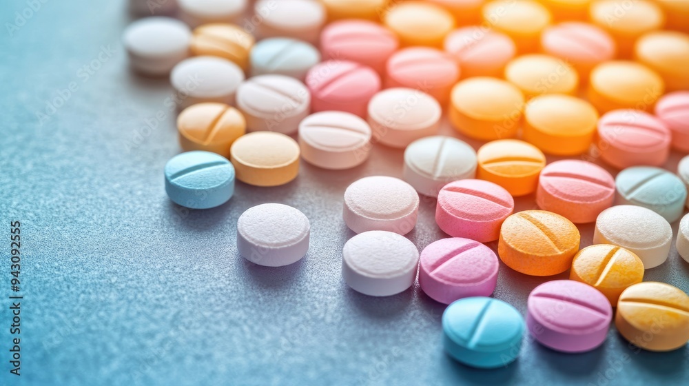 Colorful medicine tablets antibiotic pills on soft background with copy space Colorful medicine tablets antibiotic pills on soft background with copy space