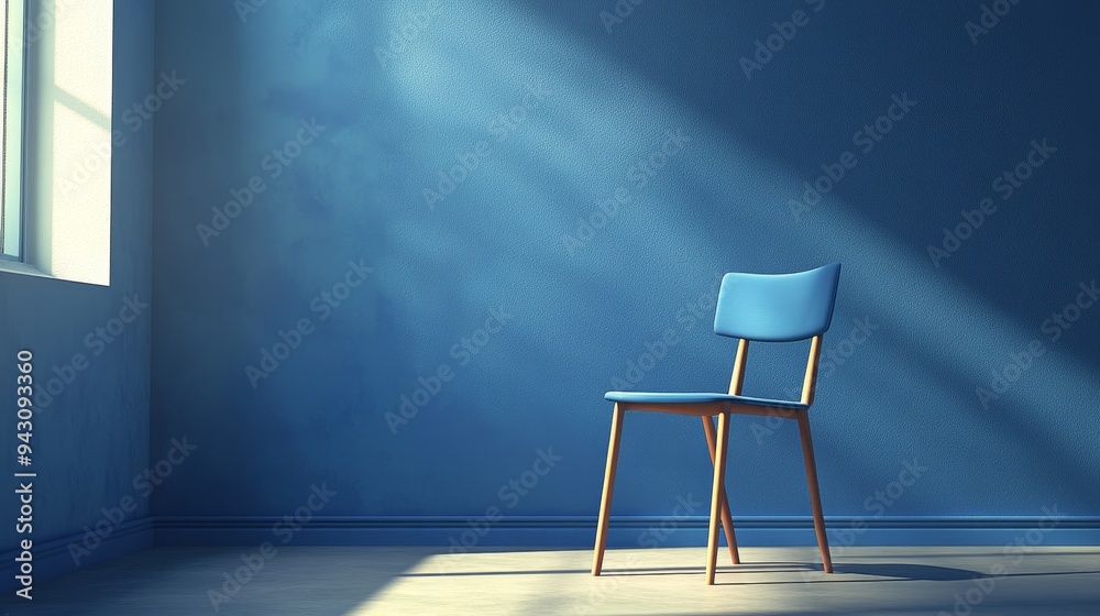 A single chair sits in a room with a blue wall. Sunlight streams through a window, casting a warm glow on the floor. A single chair sits in a room with a blue wall. Sunlight streams through a window, casting a warm glow on the floor.