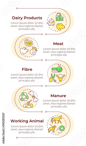 Animal production infographic vertical sequence. Dairy products, cultivation. Natural food. Visualization infochart with 5 steps. Circles workflow. Montserrat SemiBold, Lato Regular fonts used