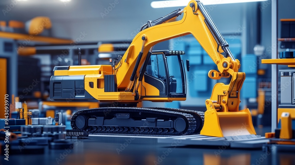 A yellow excavator sits in a workshop, ready for work. The machine is surrounded by other tools and equipment. A yellow excavator sits in a workshop, ready for work. The machine is surrounded by other tools and equipment.