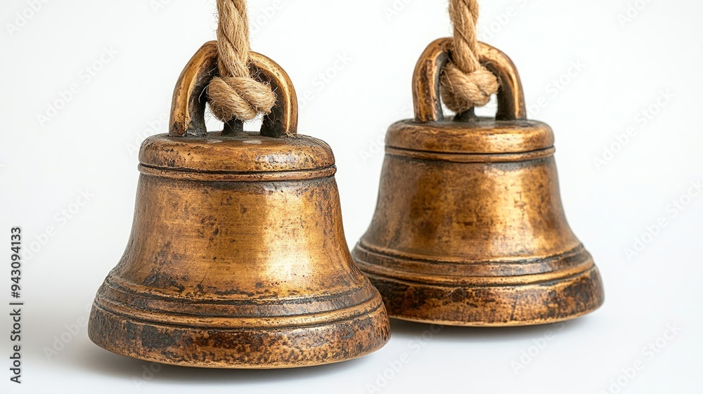 Two Antique Brass Bells with Rope Handles Two Antique Brass Bells with Rope Handles