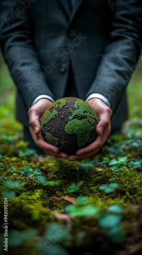 The businessman holds the Earth, symbolizing eco-friendly business and protection of nature
