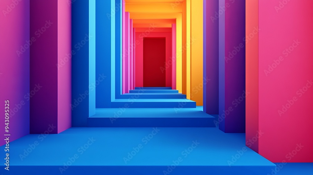 Obraz premium Abstract colorful hallway with vibrant colors and geometric patterns. Ideal for design, technology, and futuristic concepts.
