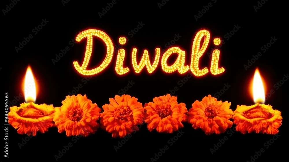 Bright diwali celebration with glowing text and marigold garland Bright diwali celebration with glowing text and marigold garland