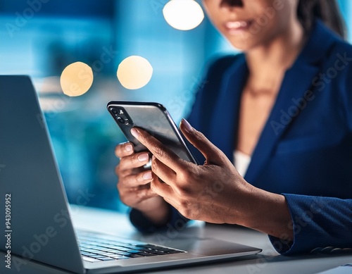 Business professional using a phone to text or email in an office, networking via a social media app. Close-up of hands with a laptop nearby as a secretary types on the mobile device for research. photo