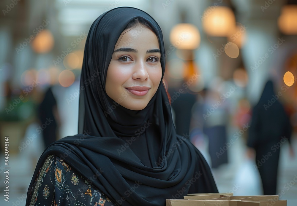 A smiling Emirati woman in a black abaya holds shopping bags in a bustling market surrounded by festive lights A smiling Emirati woman in a black abaya holds shopping bags in a bustling market surrounded by festive lights