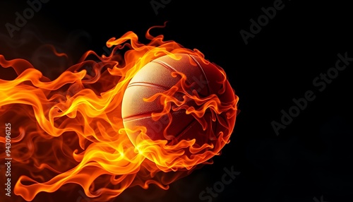 A basketball engulfed in flames against a black background.