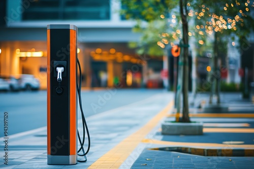 Electric car charging station on city street at dusk.