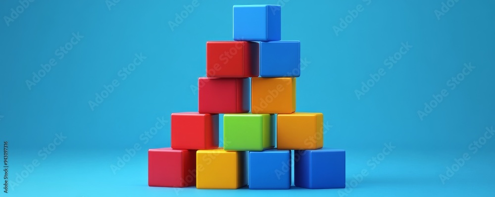 Colorful blocks stacked in a pyramid shape against a blue background. Colorful blocks stacked in a pyramid shape against a blue background.