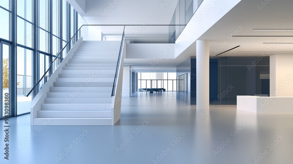 Obraz premium Modern minimalist office lobby with staircase, large windows and a clean, sleek design.
