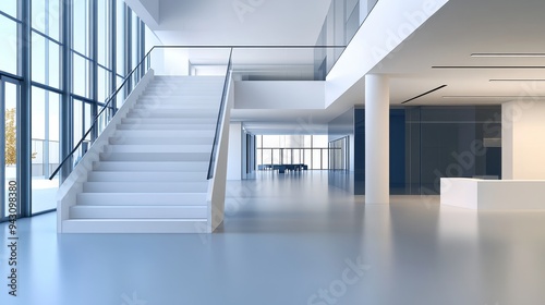 Modern minimalist office lobby with staircase, large windows and a clean, sleek design.