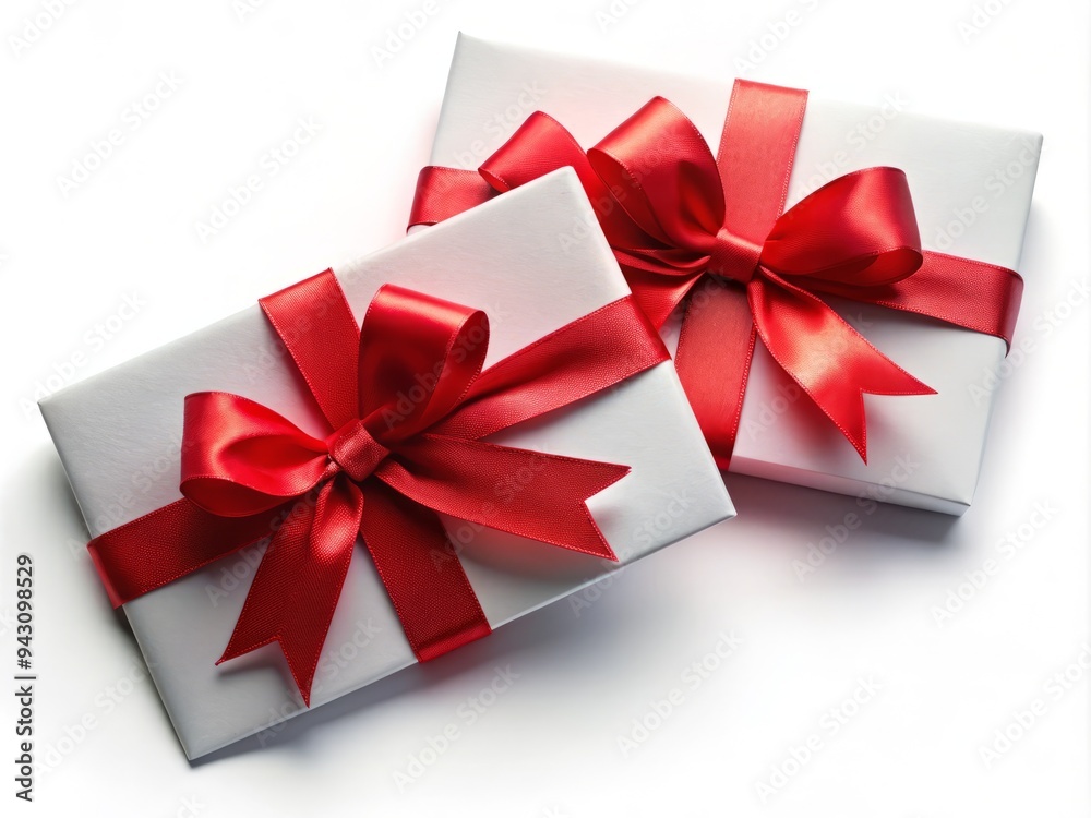 Gift certificates adorned with festive red bows sit on a clean white background, inviting the eye to explore the perfect holiday present choices. Gift certificates adorned with festive red bows sit on a clean white background, inviting the eye to explore the perfect holiday present choices.