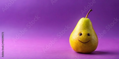 A cheerful pear with a happy face on a vibrant purple background symbolizing happiness, fruitfulness, and positive energy photo