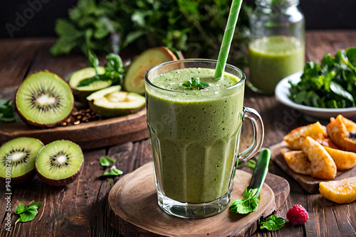 Green smoothie in a glass cup on the background of kiwi fruits, photo for the restaurant menu