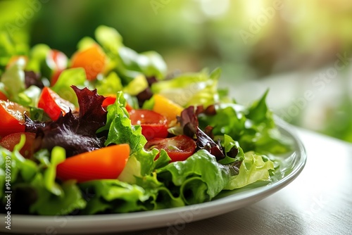 Fresh mixed green salad on sunny table