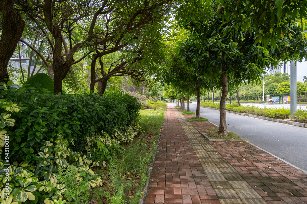 The pedestrian walkway or paved brick path is lined with mature trees and shrubs that provide shade, and a concrete curb separating the sidewalk from the road. The pedestrian walkway or paved brick path is lined with mature trees and shrubs that provide shade, and a concrete curb separating the sidewalk from the road.